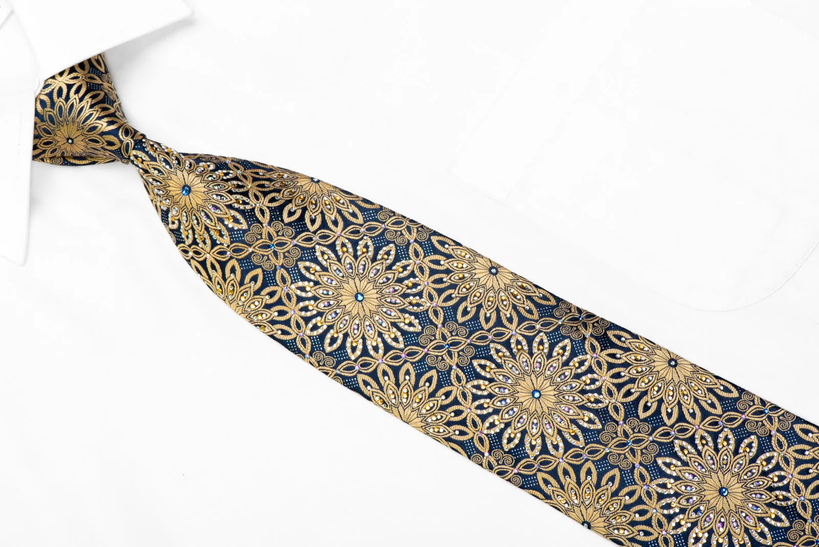 Gold Arabesque On Navy Rhinestone Silk Necktie With Silver Sparkles