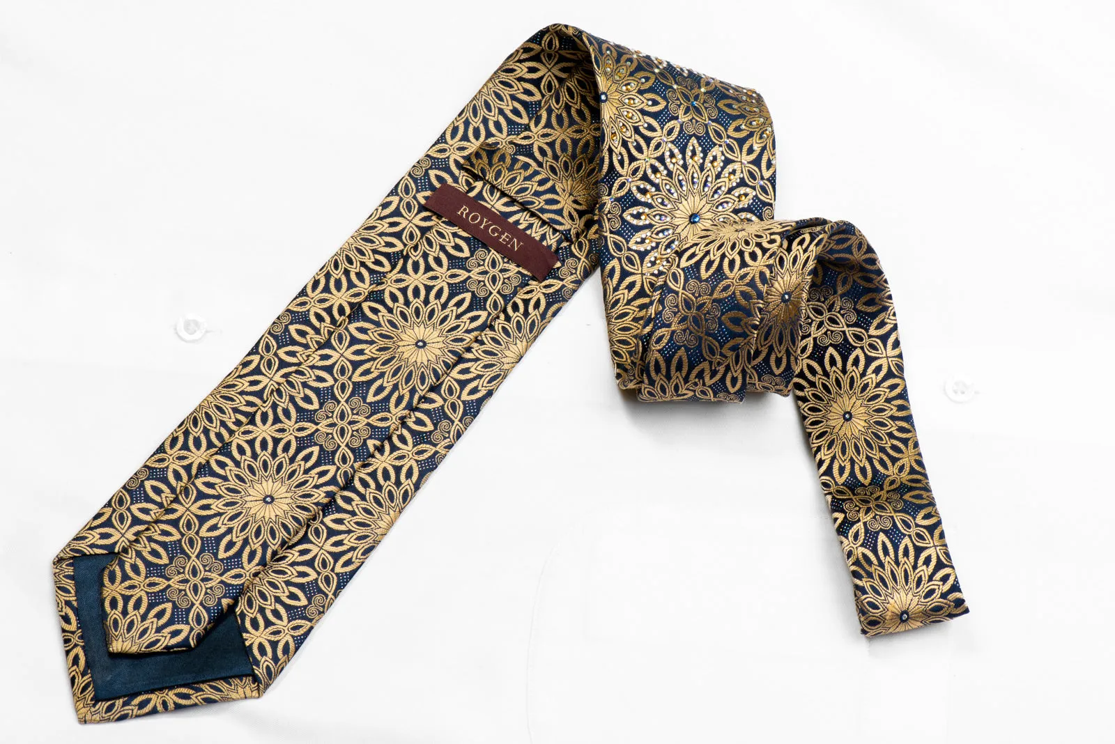 Gold Arabesque On Navy Rhinestone Silk Necktie With Silver Sparkles