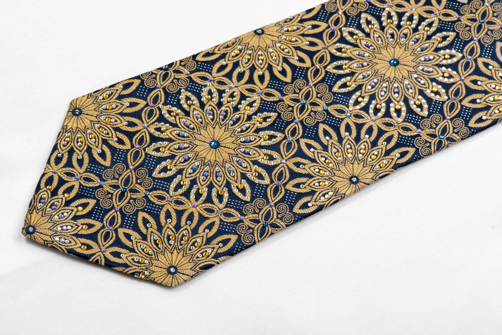 Gold Arabesque On Navy Rhinestone Silk Necktie With Silver Sparkles