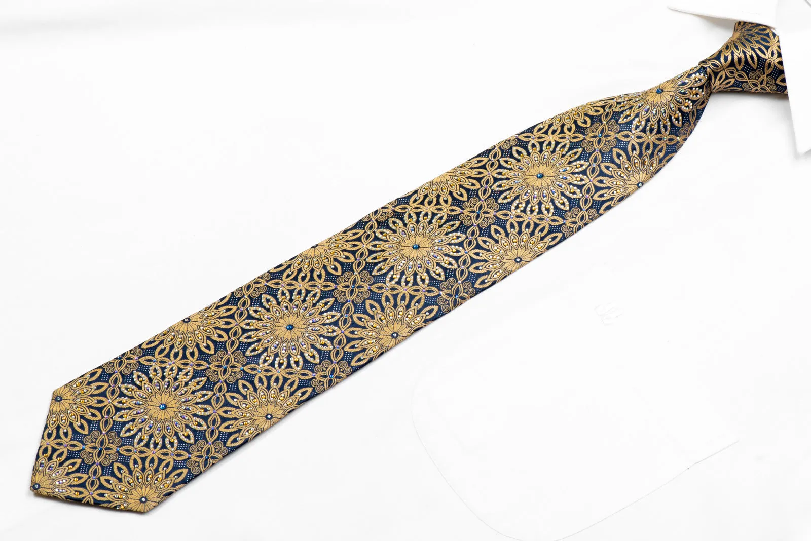 Gold Arabesque On Navy Rhinestone Silk Necktie With Silver Sparkles