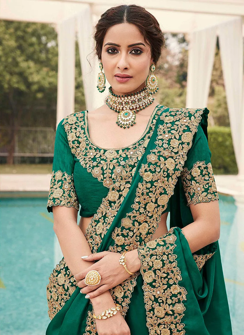 Green Golden Embroidered Designer Silk Saree