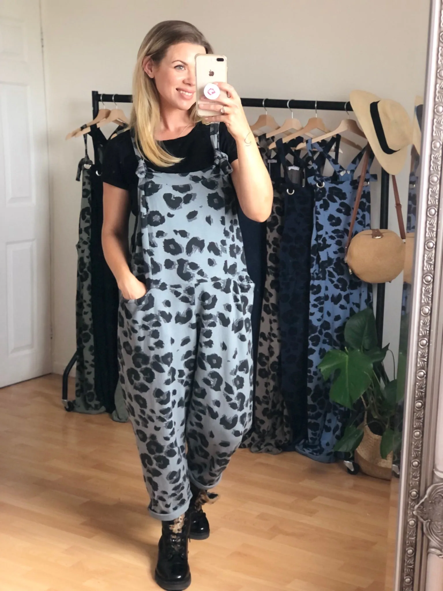 Grey Leopard Print Dungarees