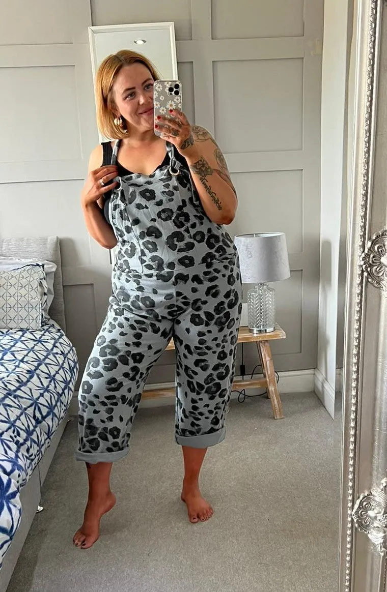 Grey Leopard Print Dungarees