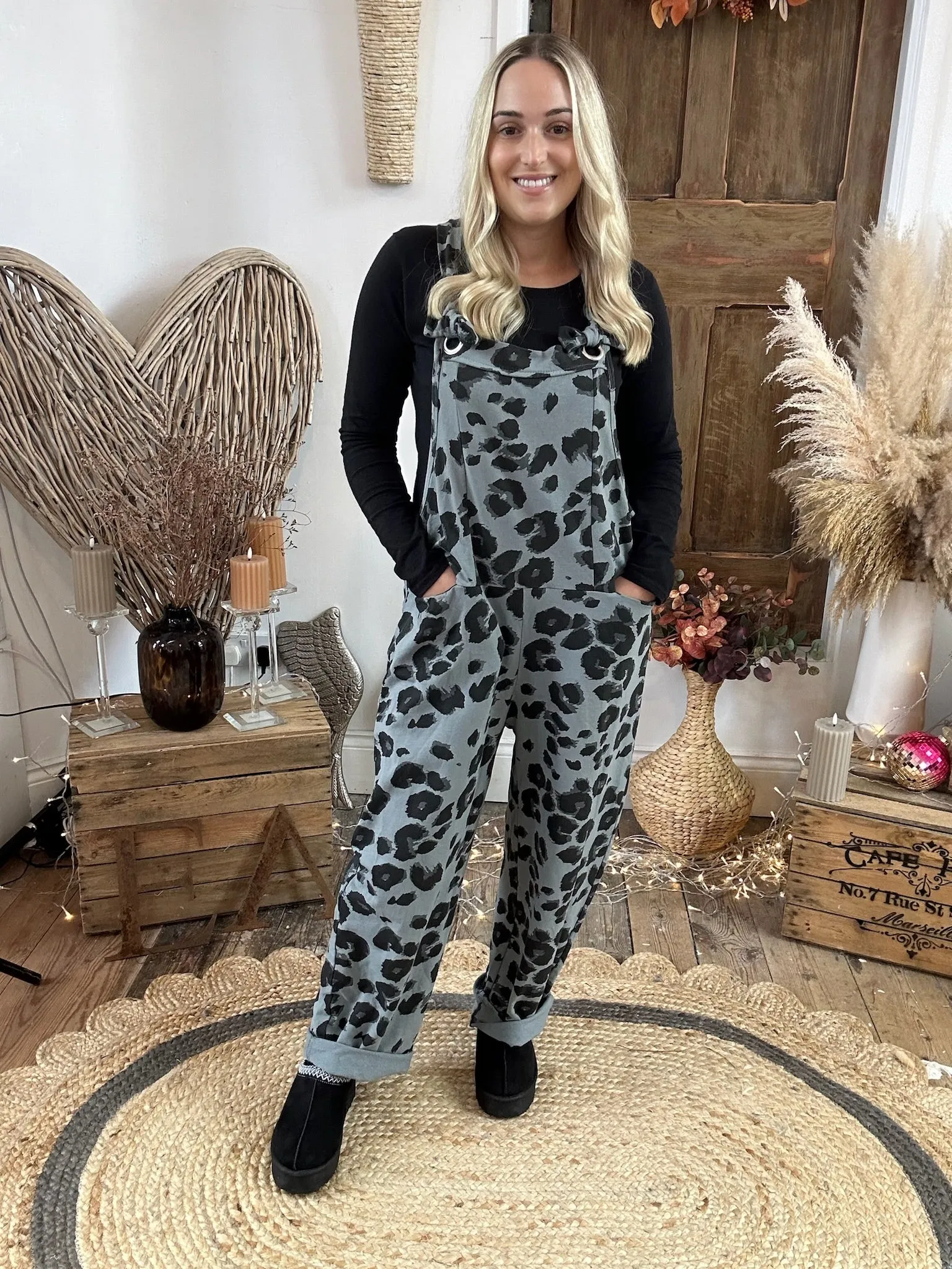 Grey Leopard Print Dungarees