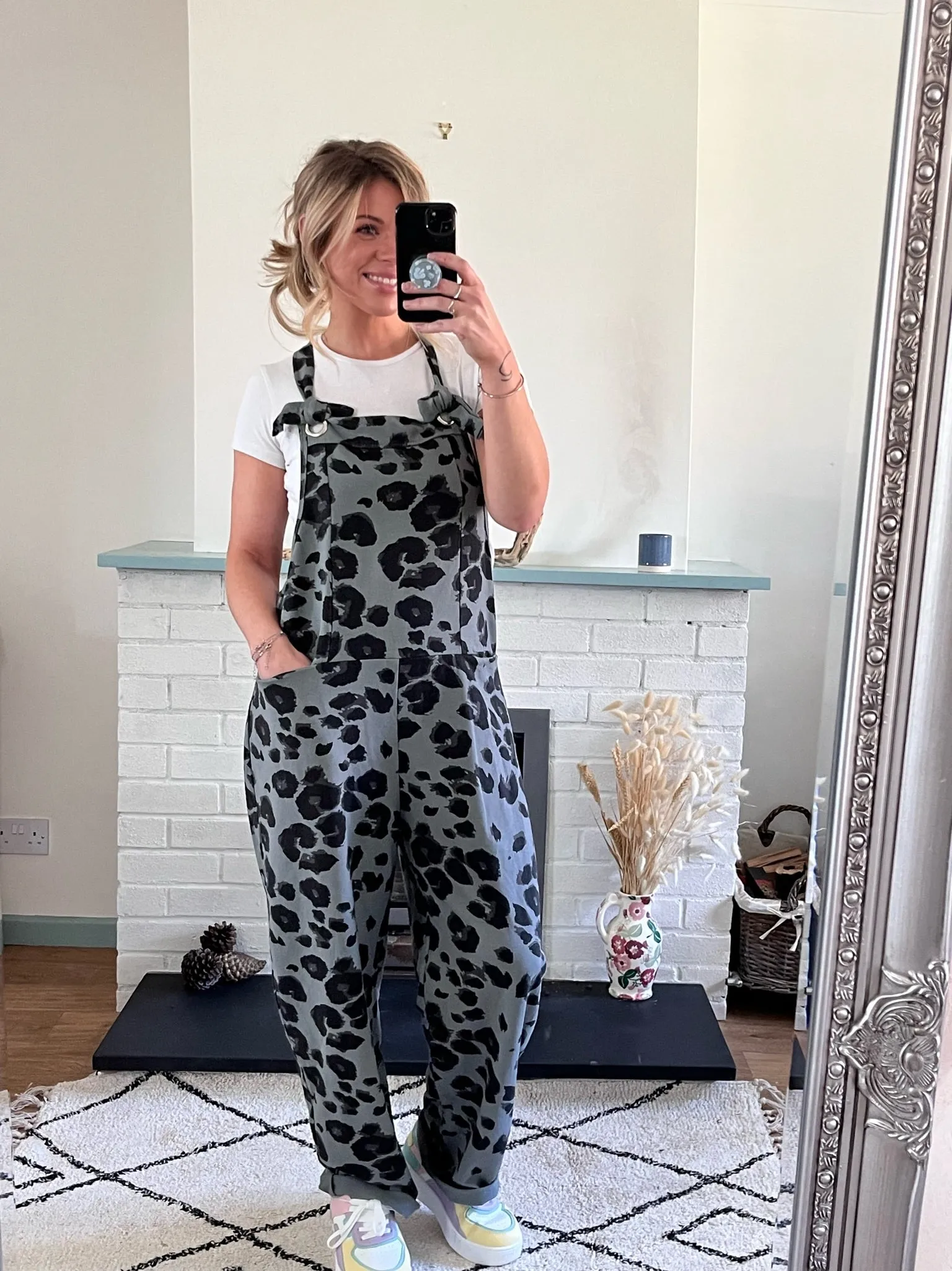 Grey Leopard Print Dungarees