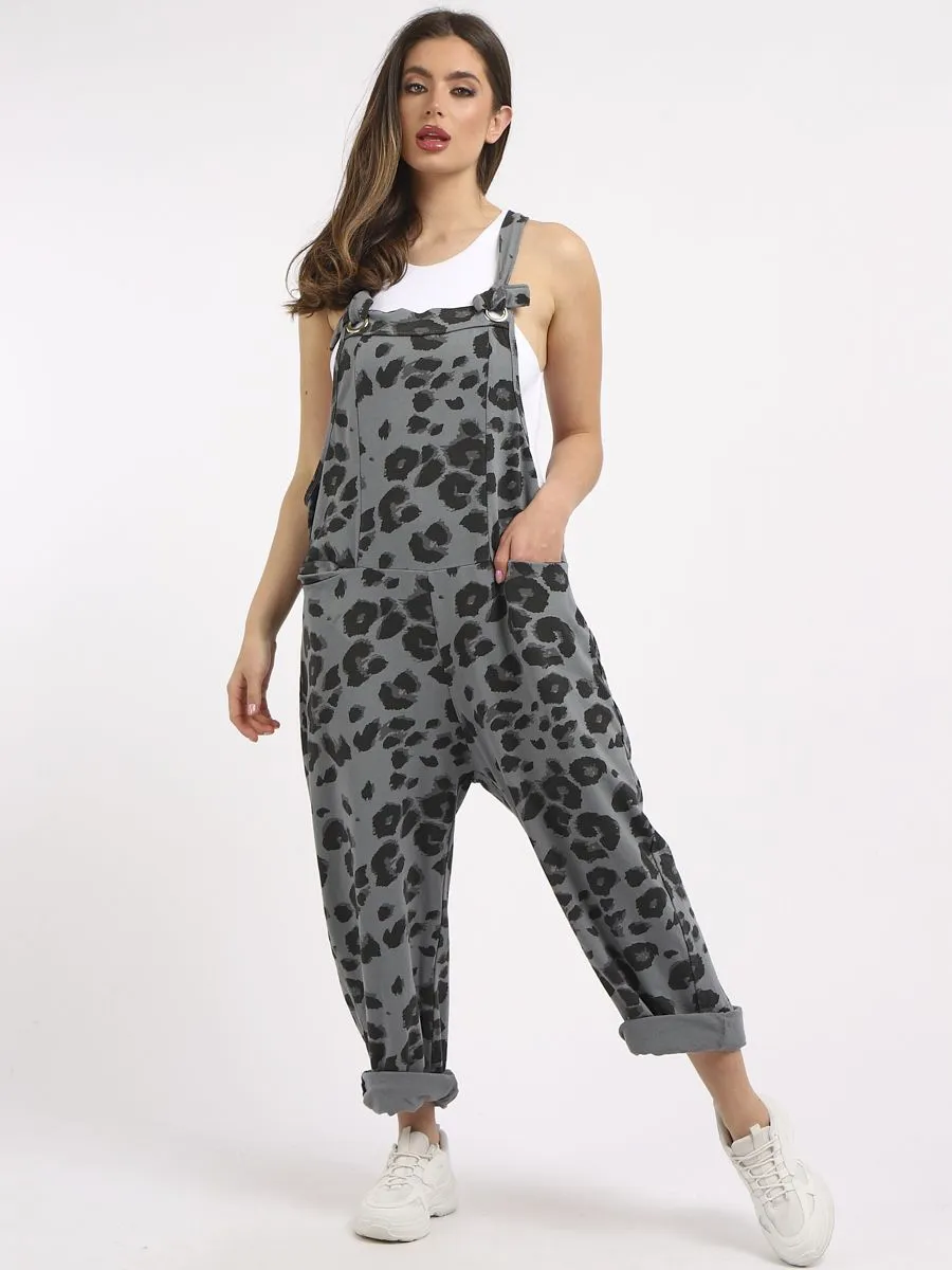 Grey Leopard Print Dungarees