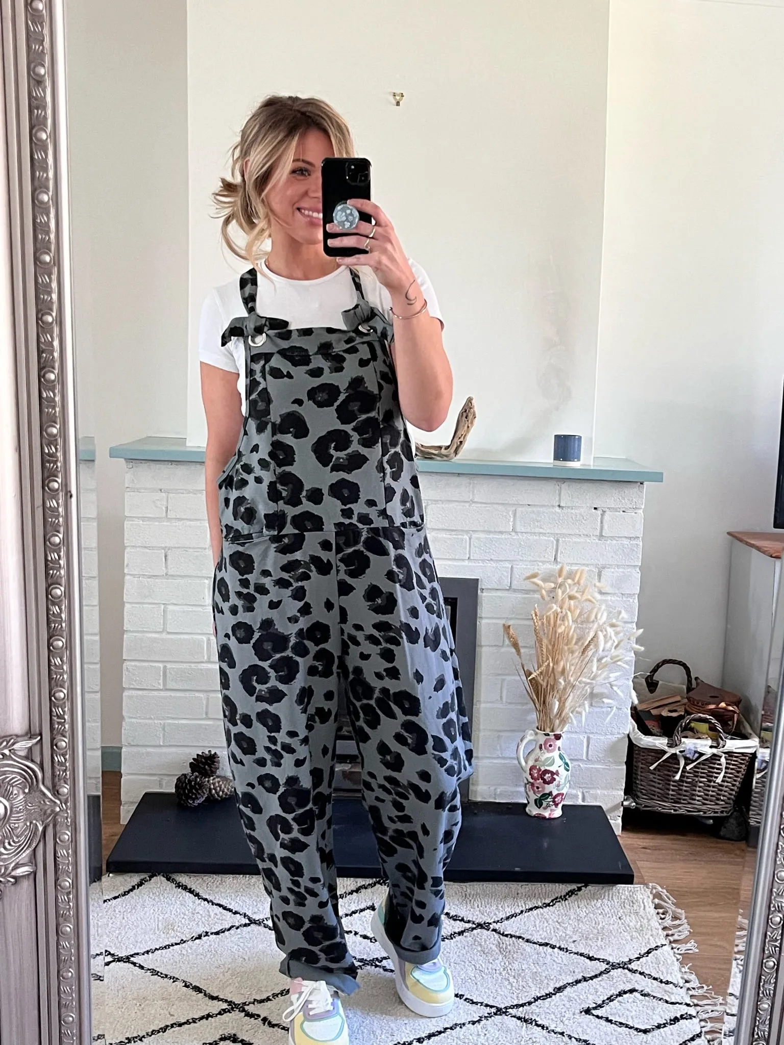 Grey Leopard Print Dungarees