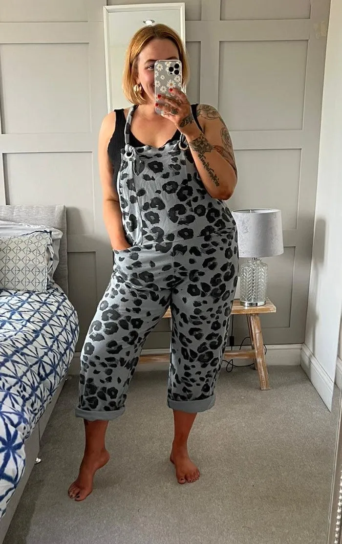 Grey Leopard Print Dungarees