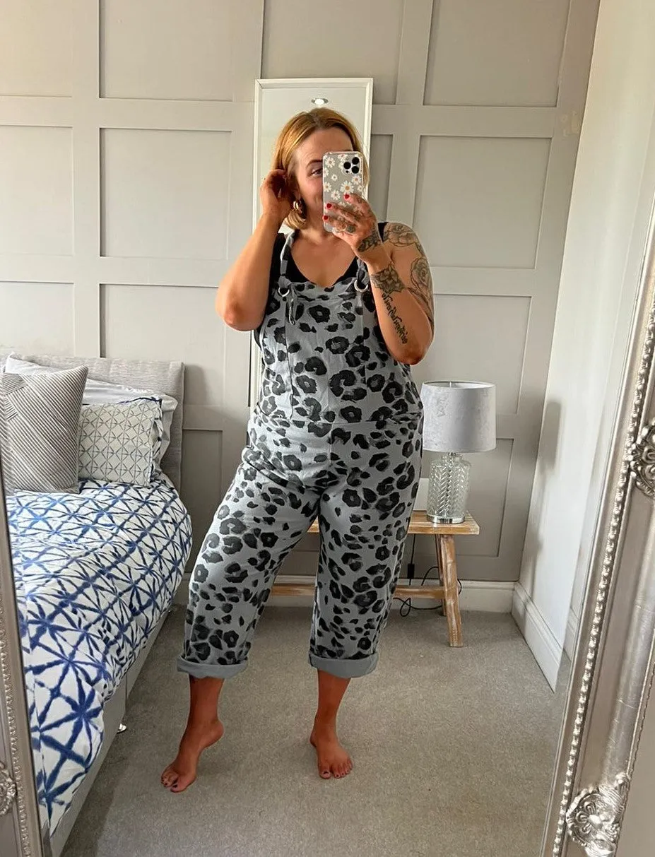 Grey Leopard Print Dungarees