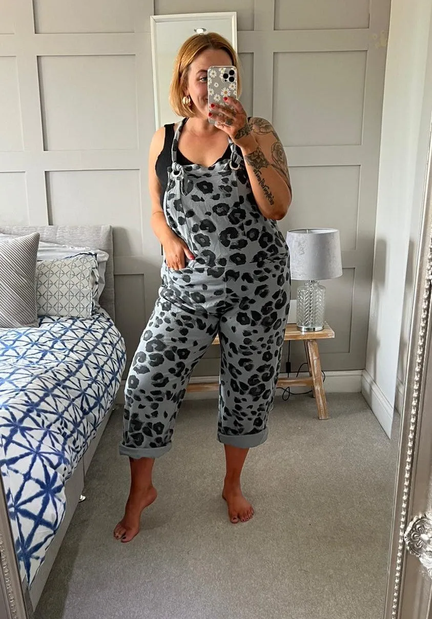 Grey Leopard Print Dungarees