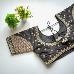 Grey Mulmul Silk Blouse with Golden Embroidery and Sequins