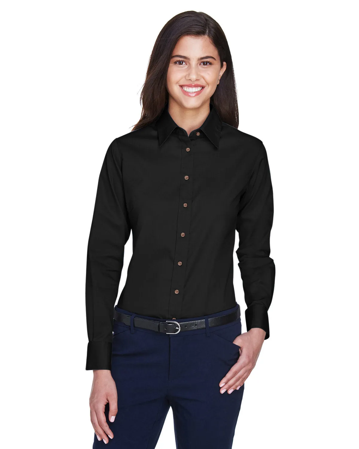 Harriton M500W Ladies' Easy Blend Long-Sleeve TwillShirt with Stain-Release