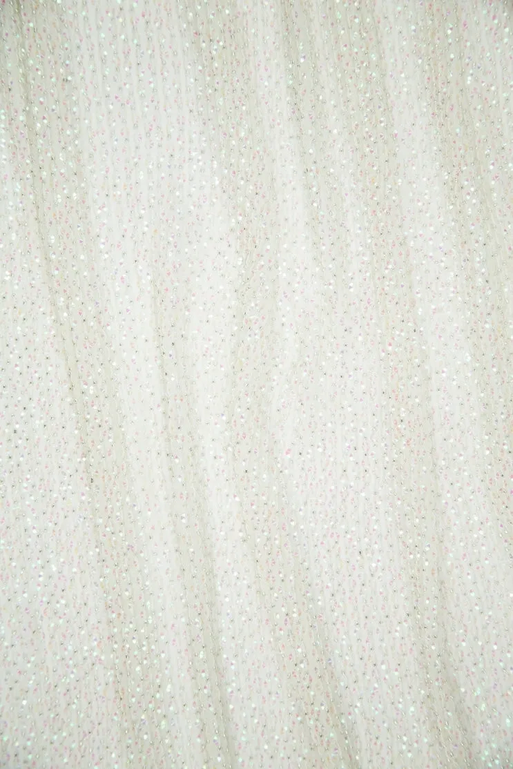 Iridescent White Sequins & Beads on Silk Chiffon Fabric