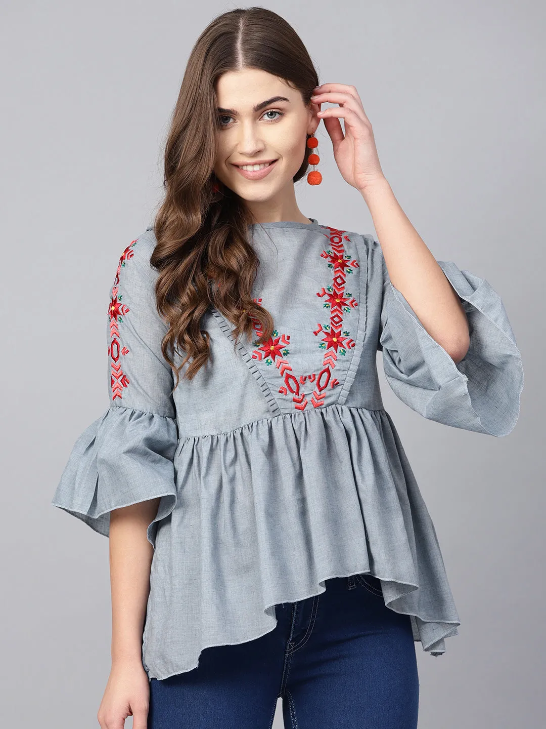 Jashvi Blue & Red Embroidered A-Line Top