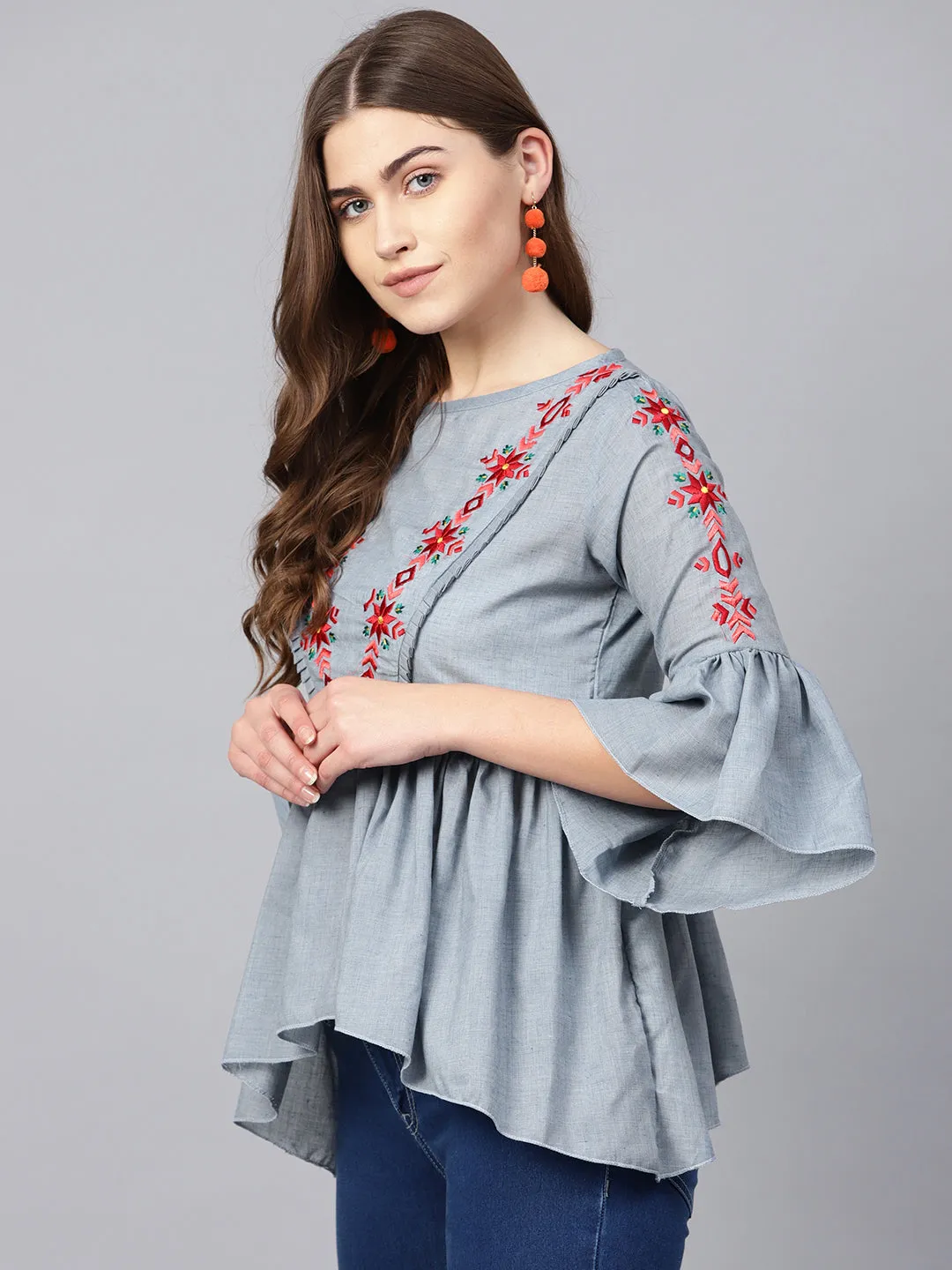 Jashvi Blue & Red Embroidered A-Line Top