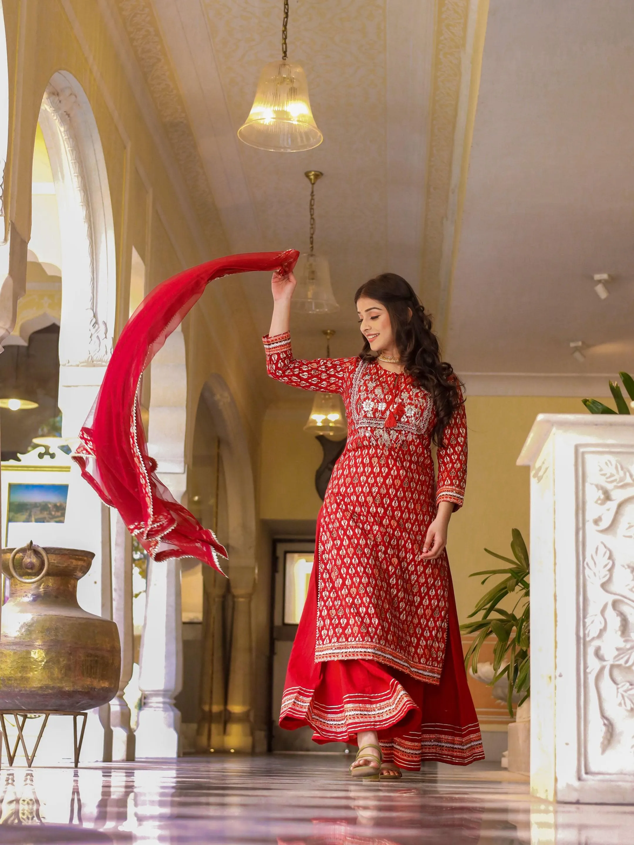 Jashvi maroon Cotton Kurta palazzo set with net dupatta