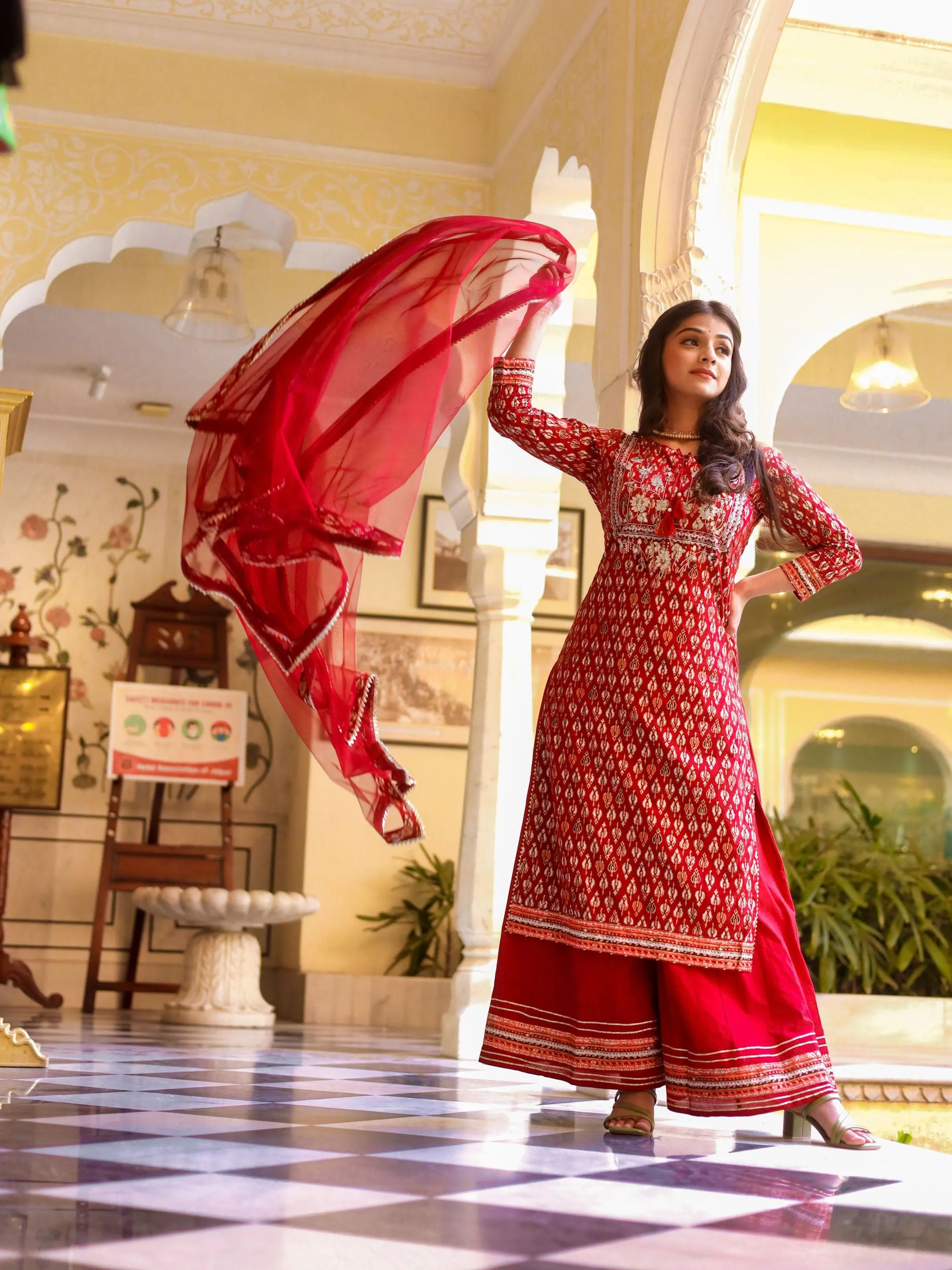 Jashvi maroon Cotton Kurta palazzo set with net dupatta