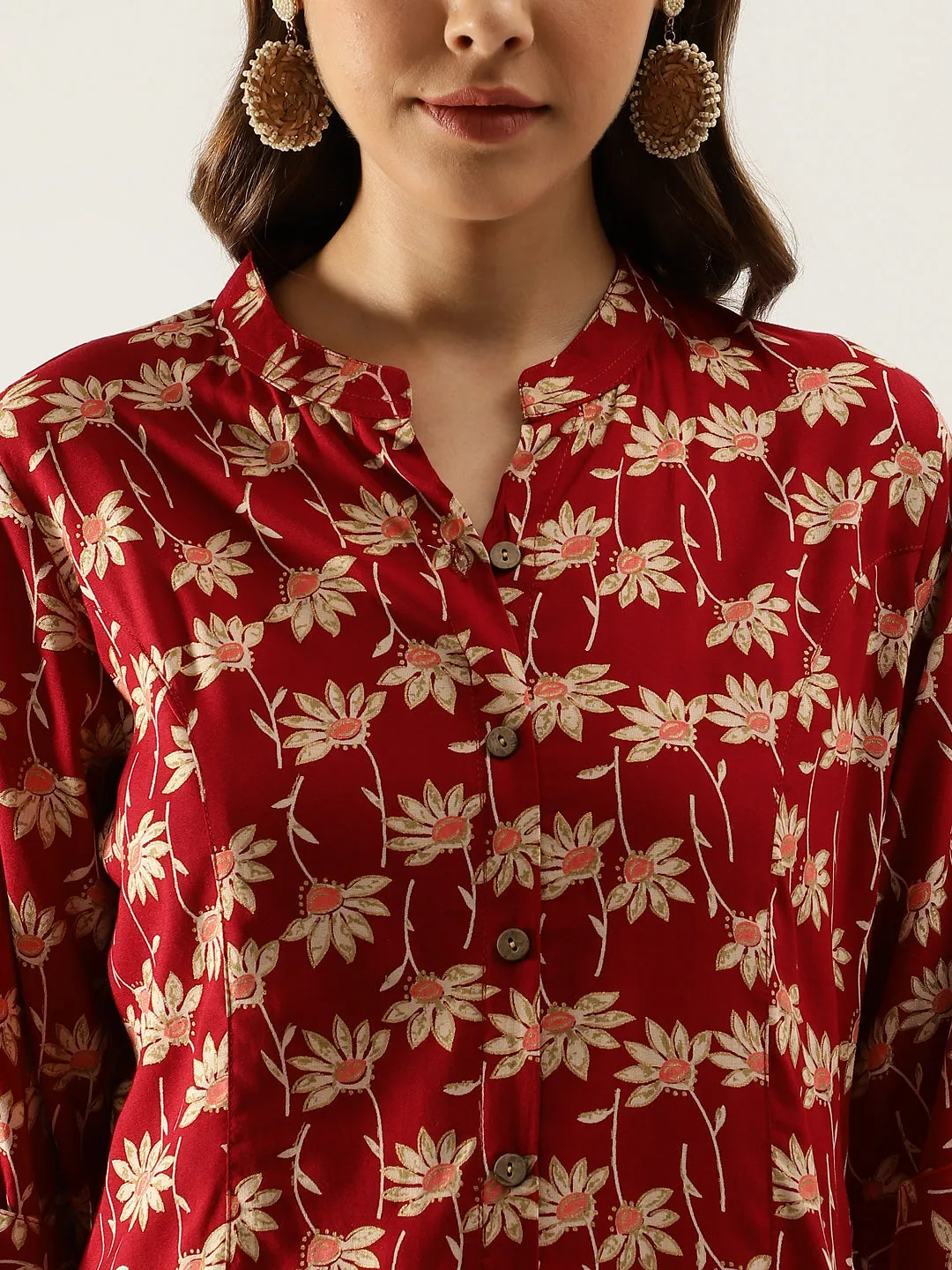 Jashvi Maroon Floral Printed Rayon Shirt type Top for Women