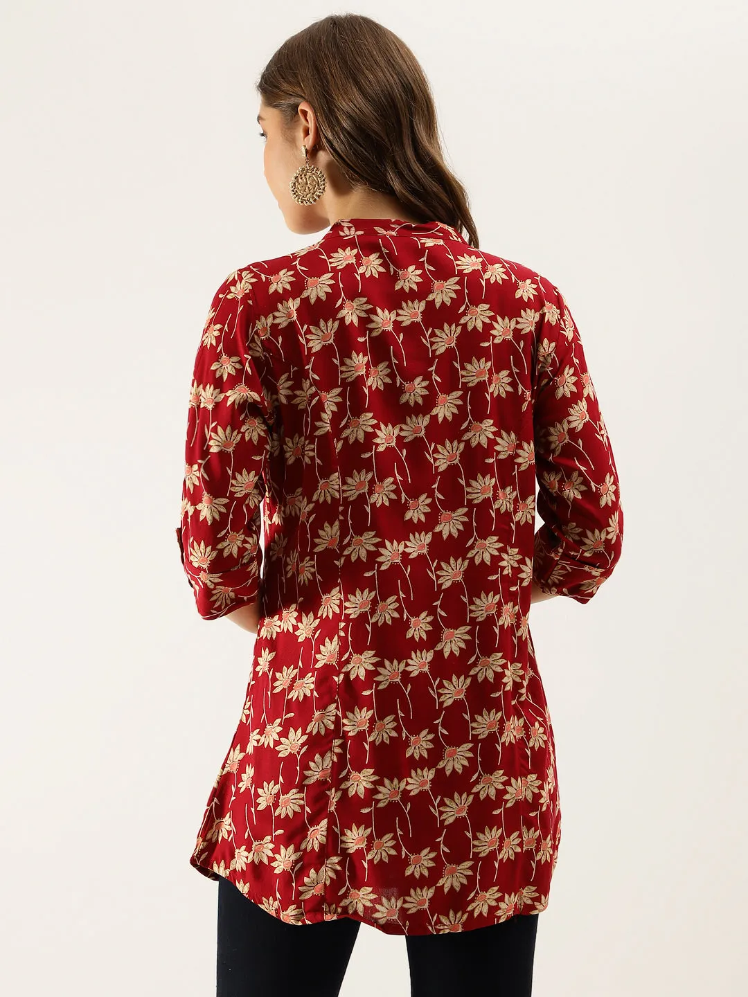 Jashvi Maroon Floral Printed Rayon Shirt type Top for Women