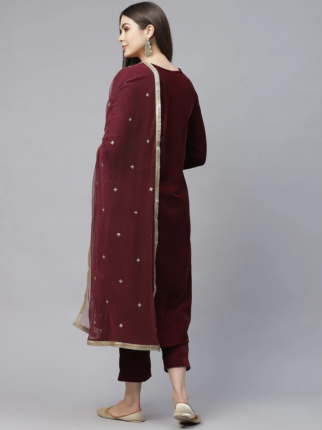 Jashvi Maroon Velvet hand work Kurta pant With Net Dupatta set