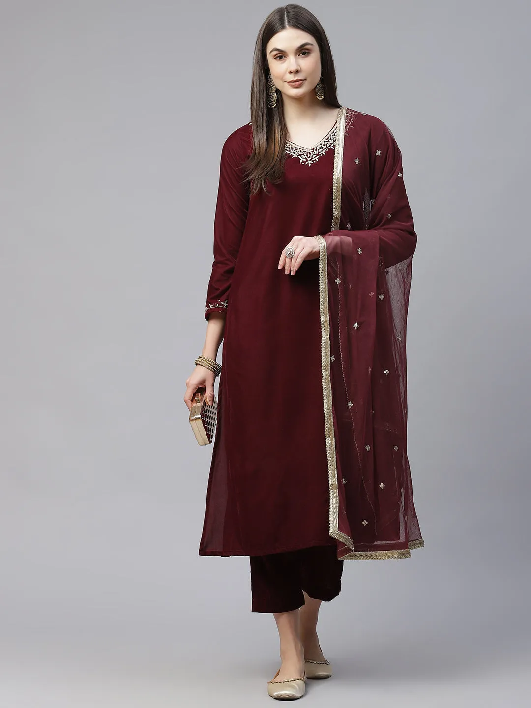 Jashvi Maroon Velvet hand work Kurta pant With Net Dupatta set