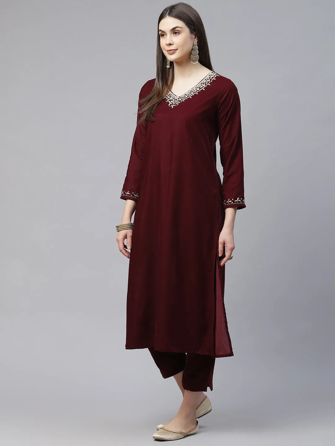 Jashvi Maroon Velvet hand work Kurta pant With Net Dupatta set