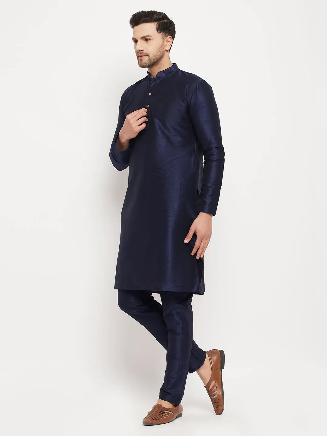 Jashvi Men's Navy Blue Silk Blend Kurta and Navy Blue Pant Style Pyjama Set