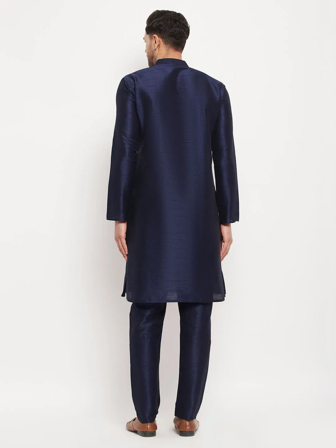 Jashvi Men's Navy Blue Silk Blend Kurta and Navy Blue Pant Style Pyjama Set