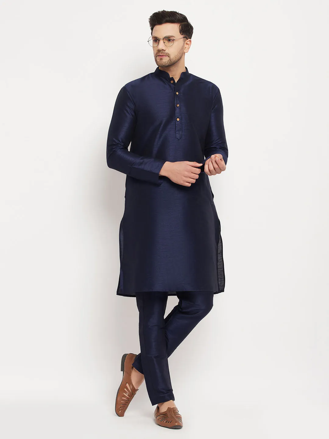 Jashvi Men's Navy Blue Silk Blend Kurta and Navy Blue Pant Style Pyjama Set