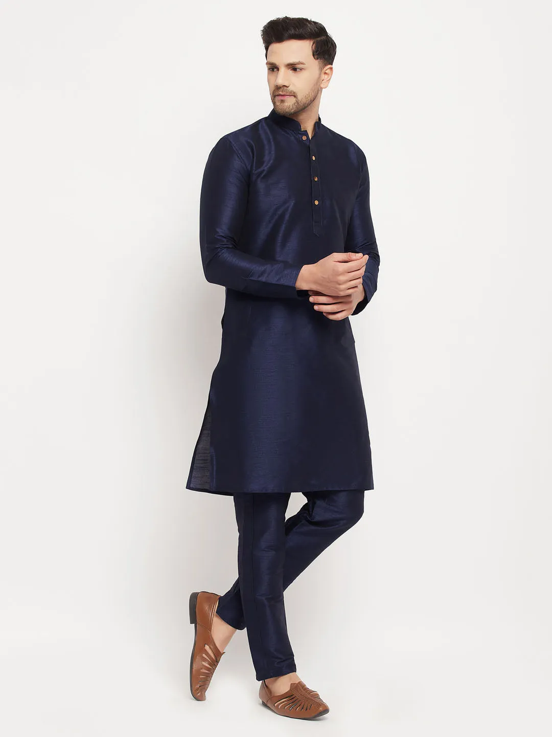 Jashvi Men's Navy Blue Silk Blend Kurta and Navy Blue Pant Style Pyjama Set