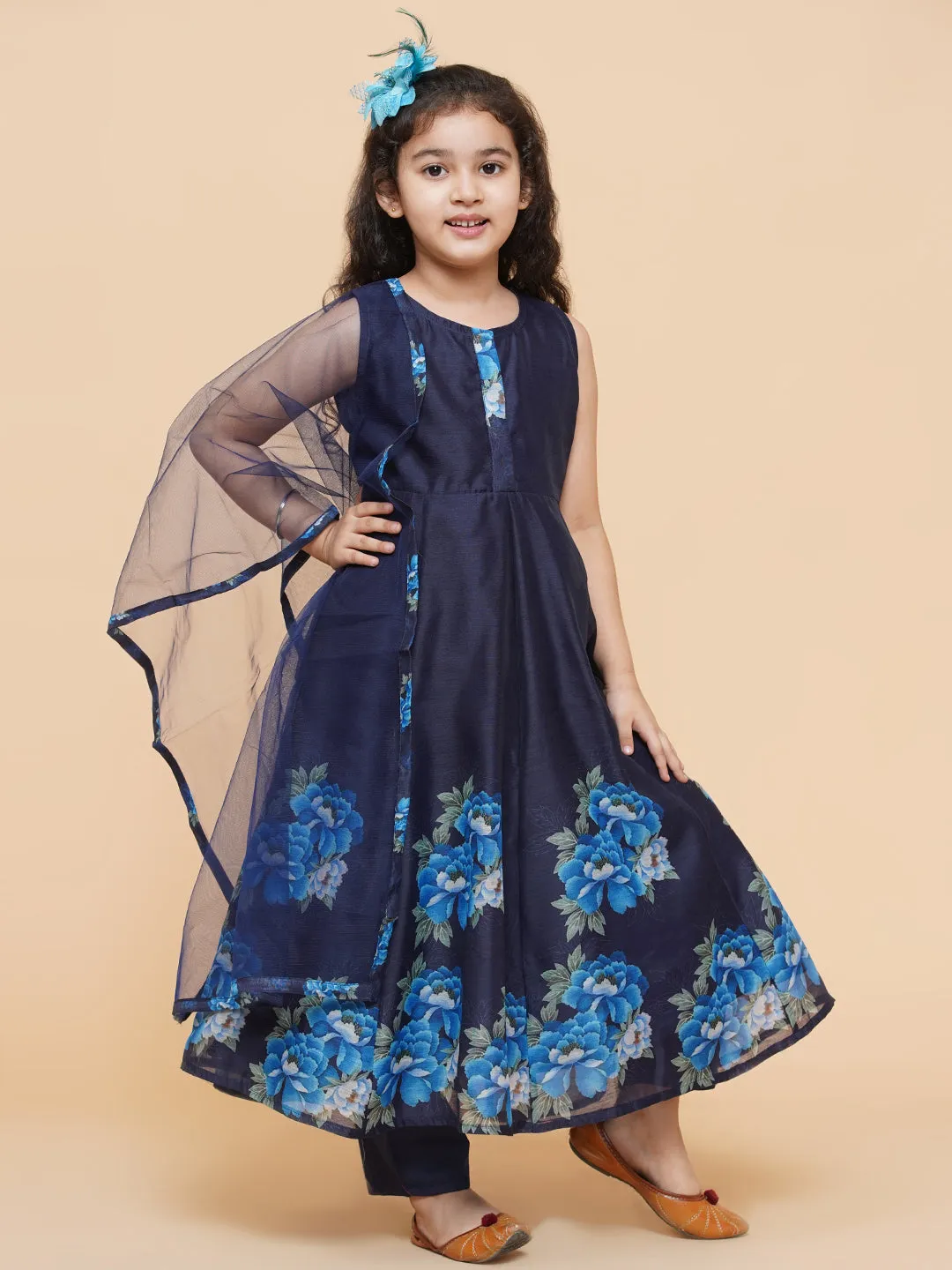 Jashvi Navy Blue Digital Print Anarkali With Pant With Dupatta