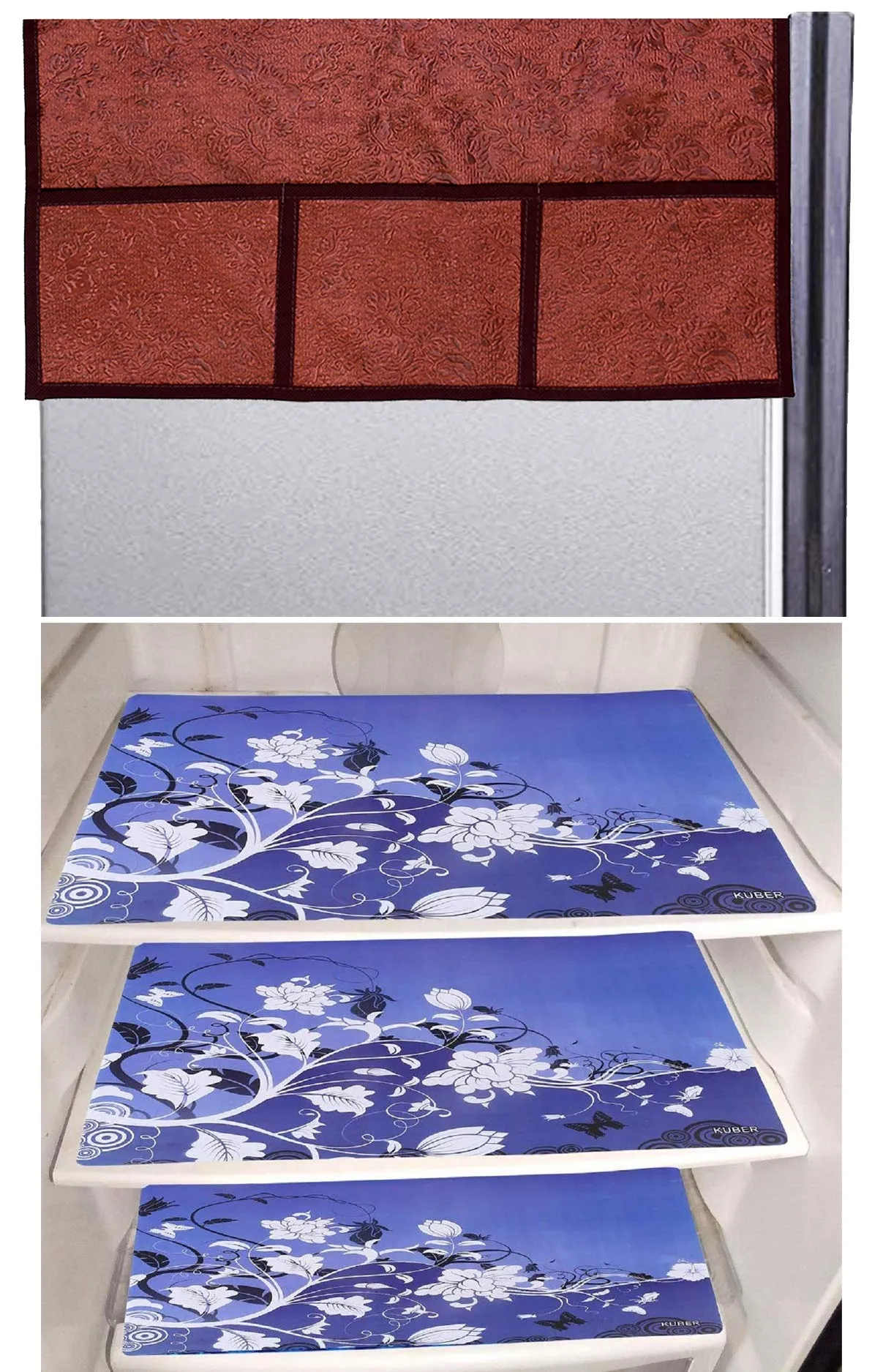 Kuber Industries Flower Design 3 Pieces PVC Fridge Mats and 1 Piece Fridge Top Cover (Maroon) - CTKTC039629