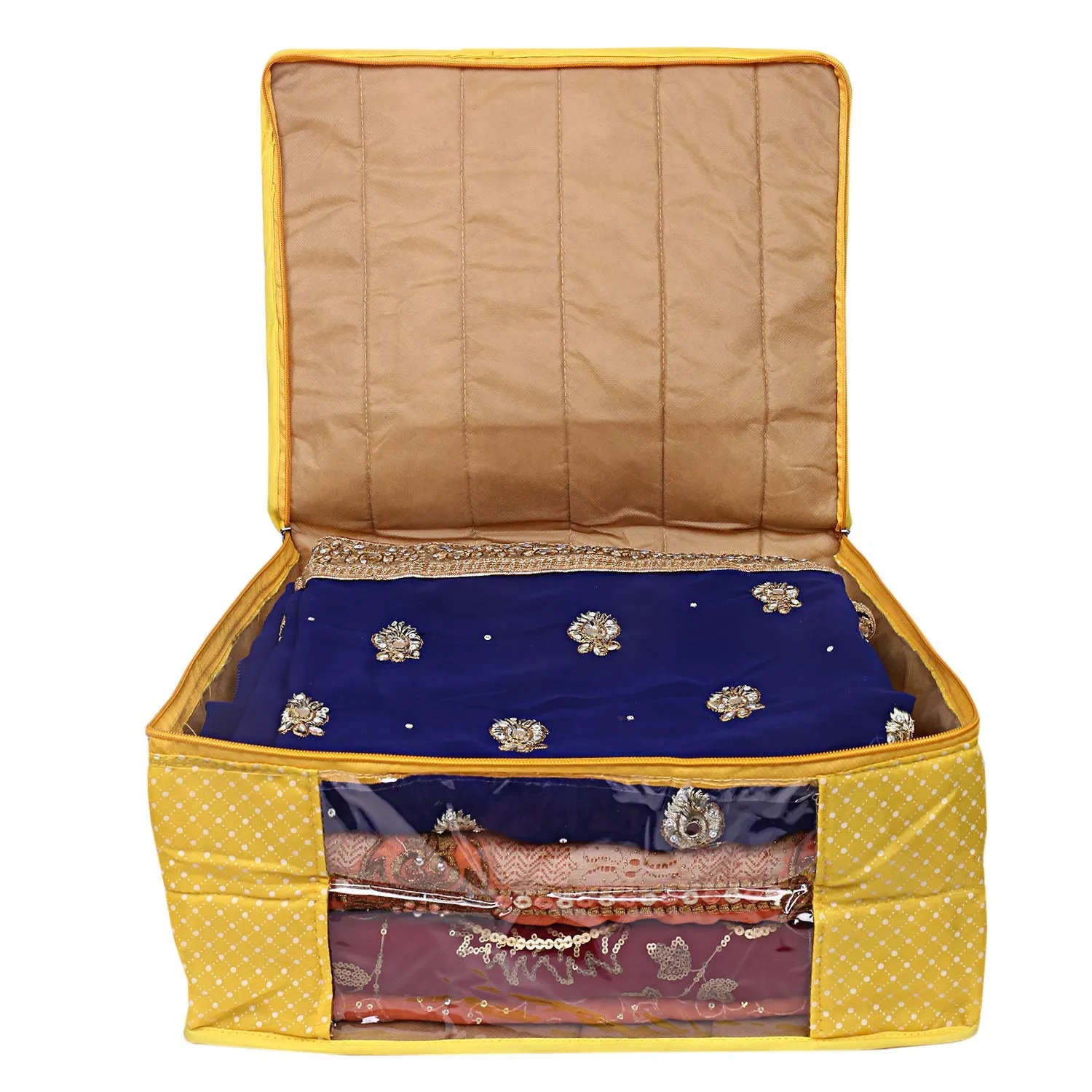 Kuber Industries Polka Dots 3 Pieces Cotton 3 Layered Quilted Saree Cover (Blue & Yellow & Maroon) - CTKTC031179