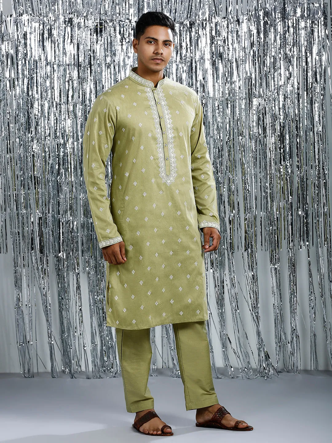 LILY GREEN KURTA SET WITH INTRICATE EMBROIDERY AROUND NECKLINE