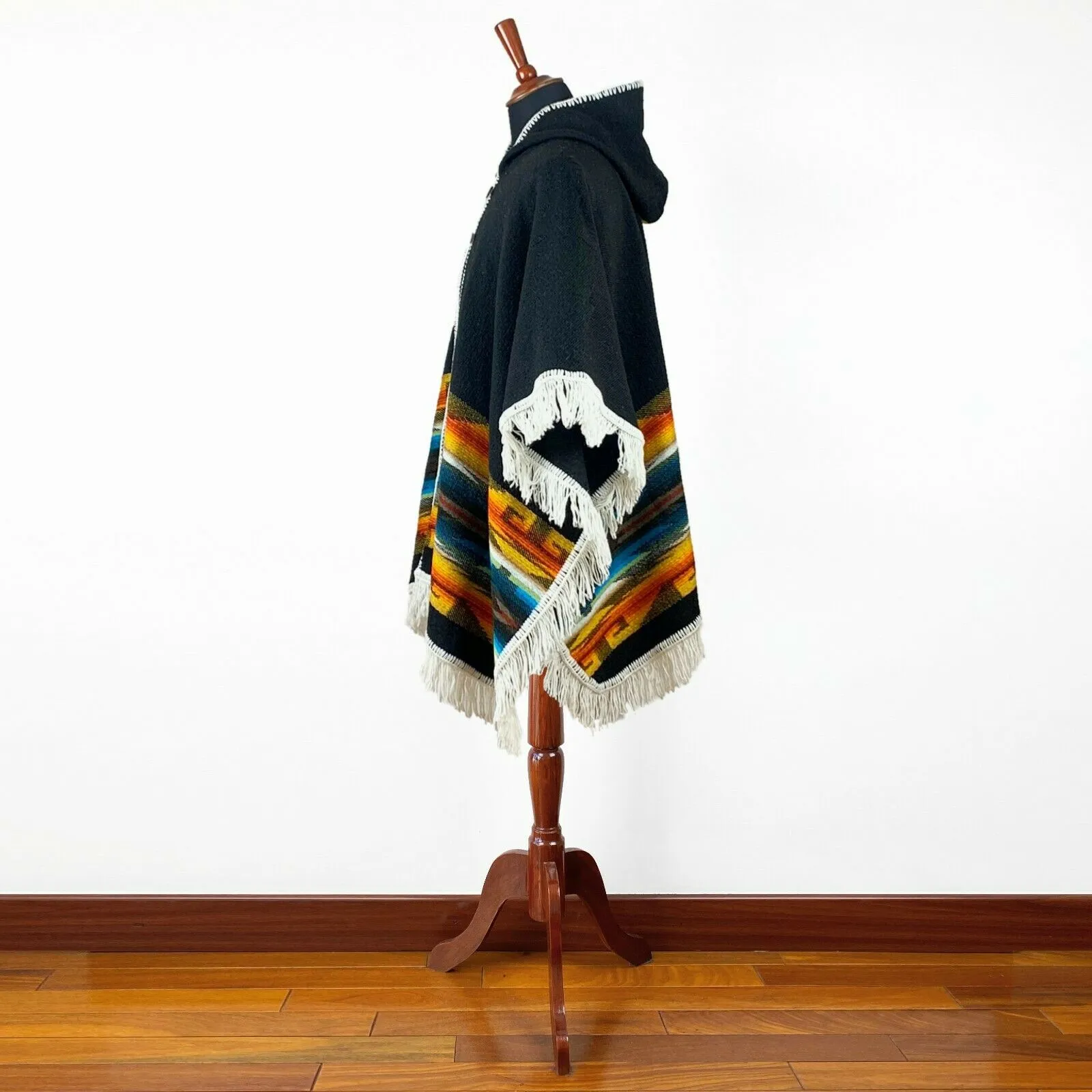 Llama wool Unisex Hooded Open Cape Poncho - Authentic South American Aztec pattern - BLACK