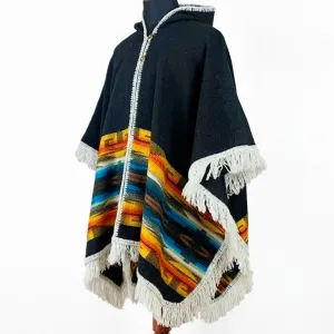 Llama wool Unisex Hooded Open Cape Poncho - Authentic South American Aztec pattern - BLACK