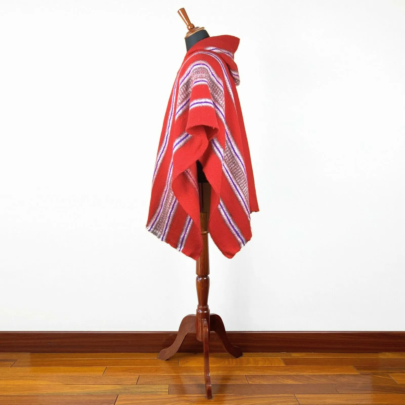 Llama Wool Unisex South American Handwoven Hooded Poncho Pullover - red with stripes pattern