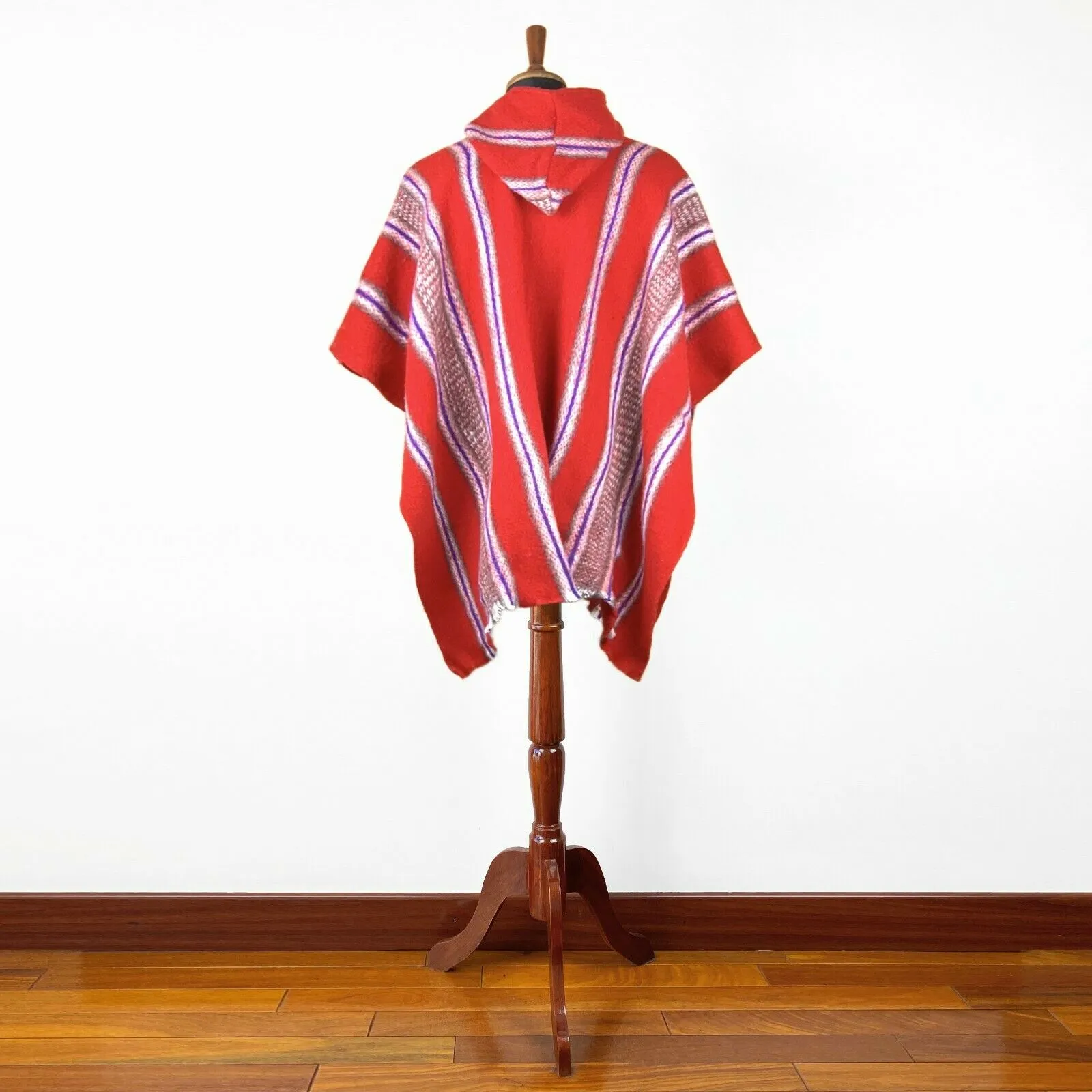 Llama Wool Unisex South American Handwoven Hooded Poncho Pullover - red with stripes pattern