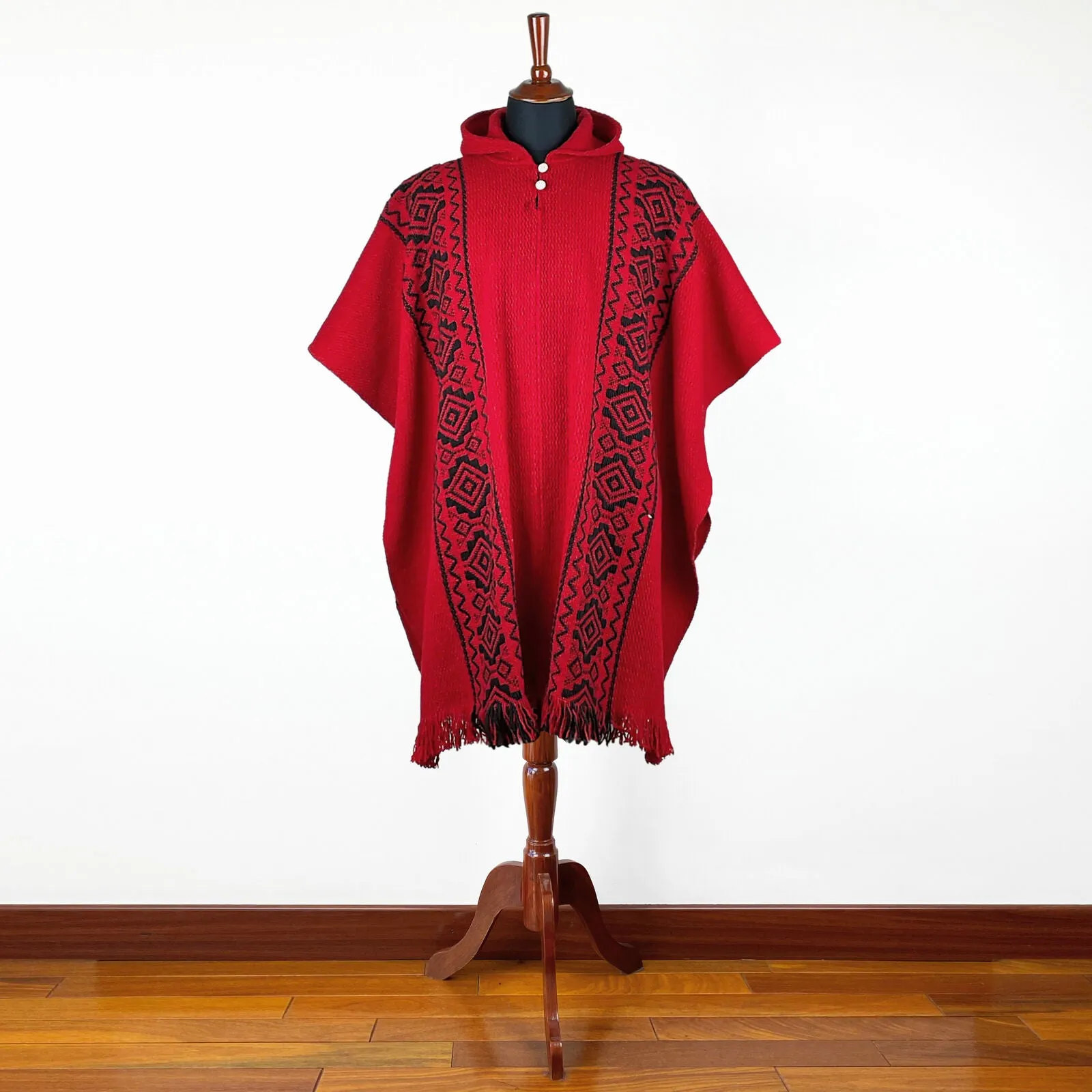 Llama Wool Unisex South American Handwoven Hooded Poncho - red with diamonds pattern