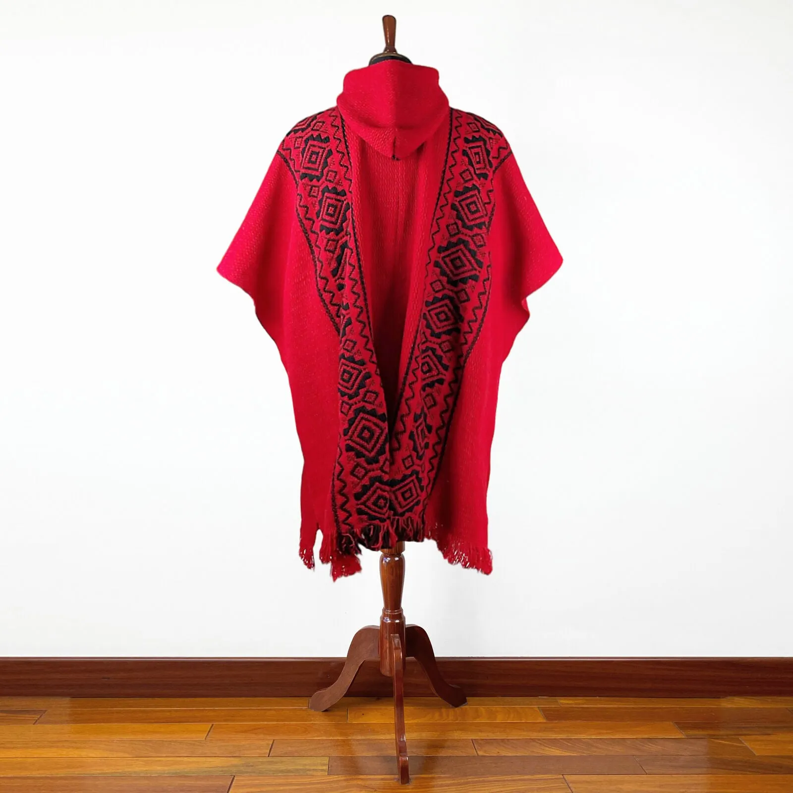 Llama Wool Unisex South American Handwoven Hooded Poncho - red with diamonds pattern