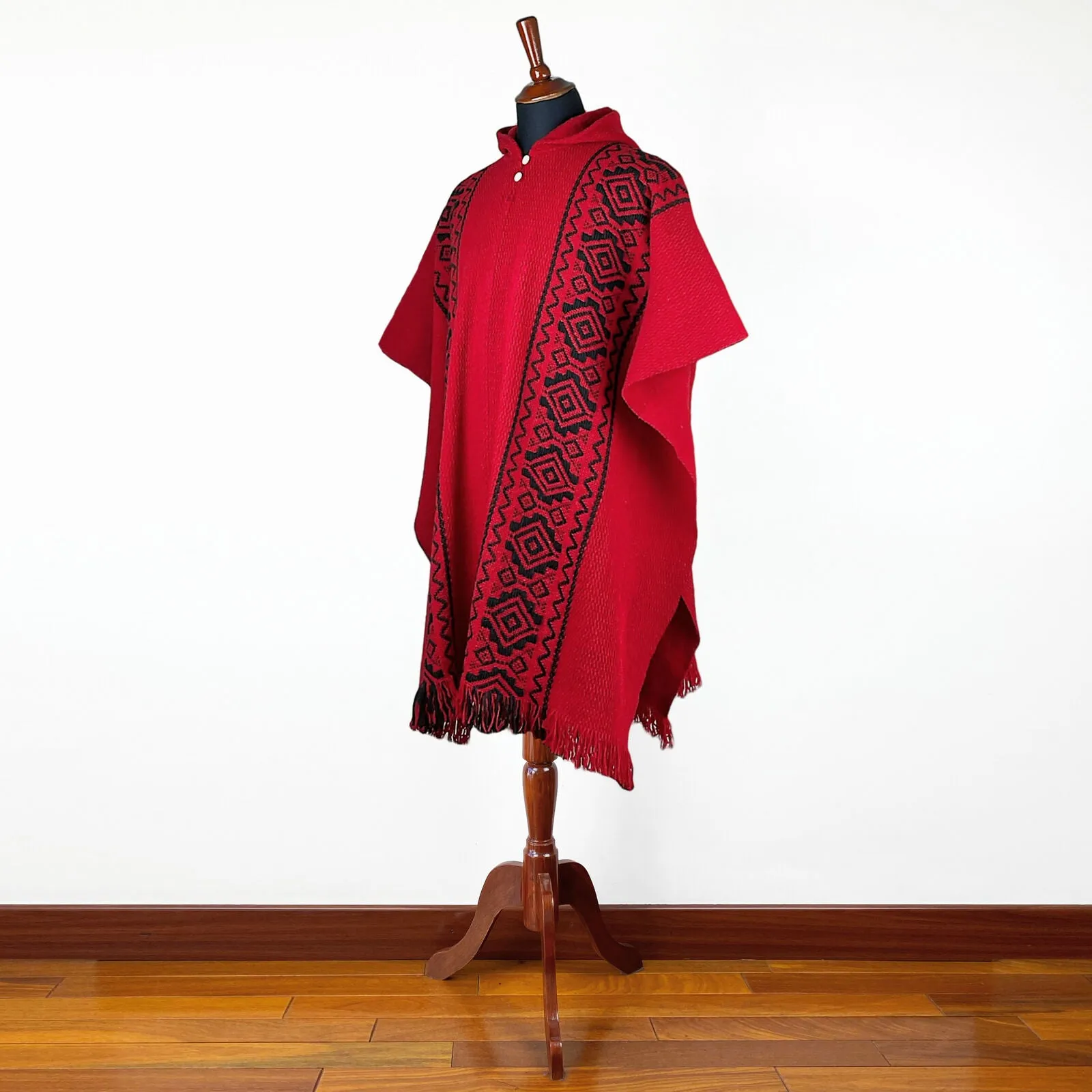 Llama Wool Unisex South American Handwoven Hooded Poncho - red with diamonds pattern