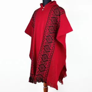 Llama Wool Unisex South American Handwoven Hooded Poncho - red with diamonds pattern