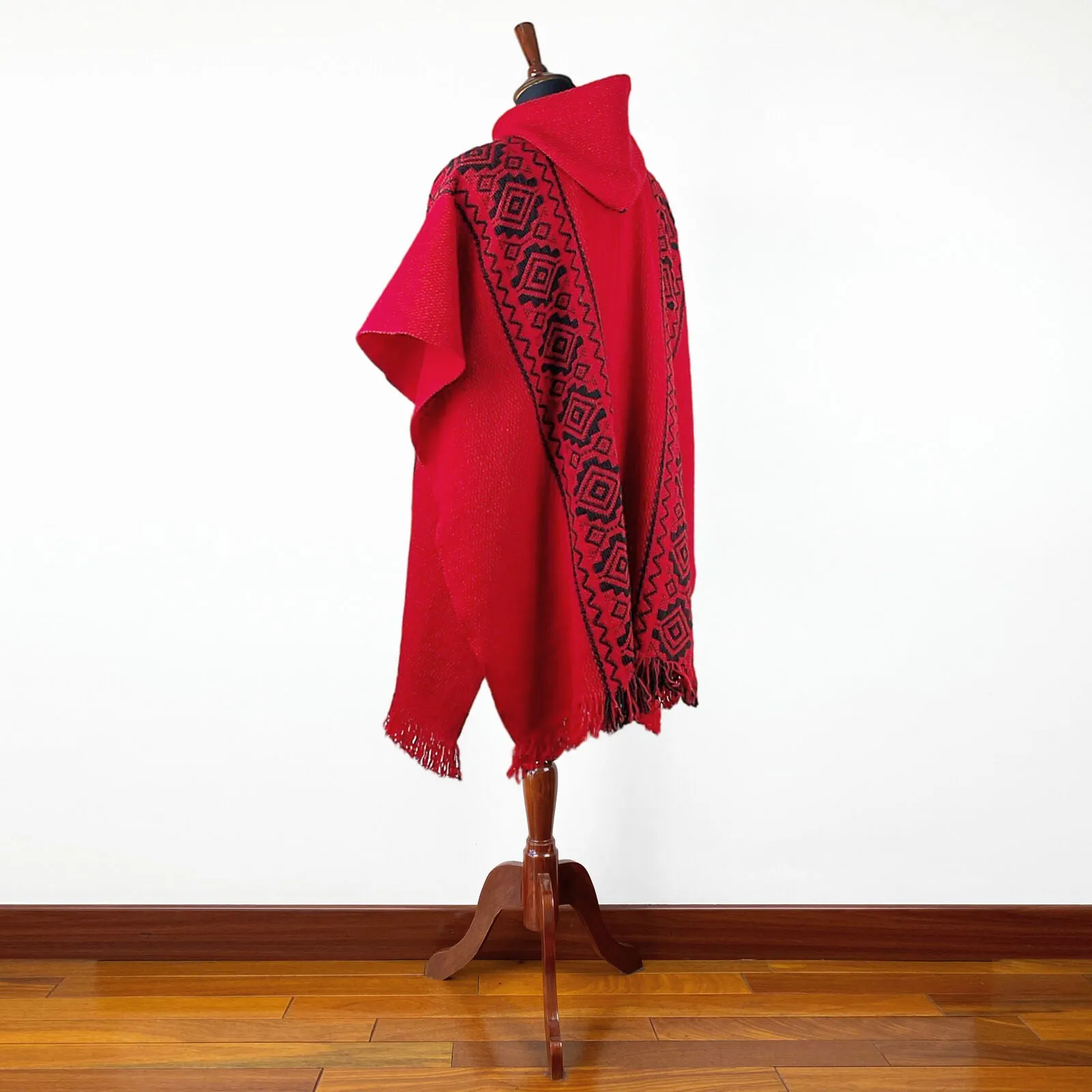 Llama Wool Unisex South American Handwoven Hooded Poncho - red with diamonds pattern