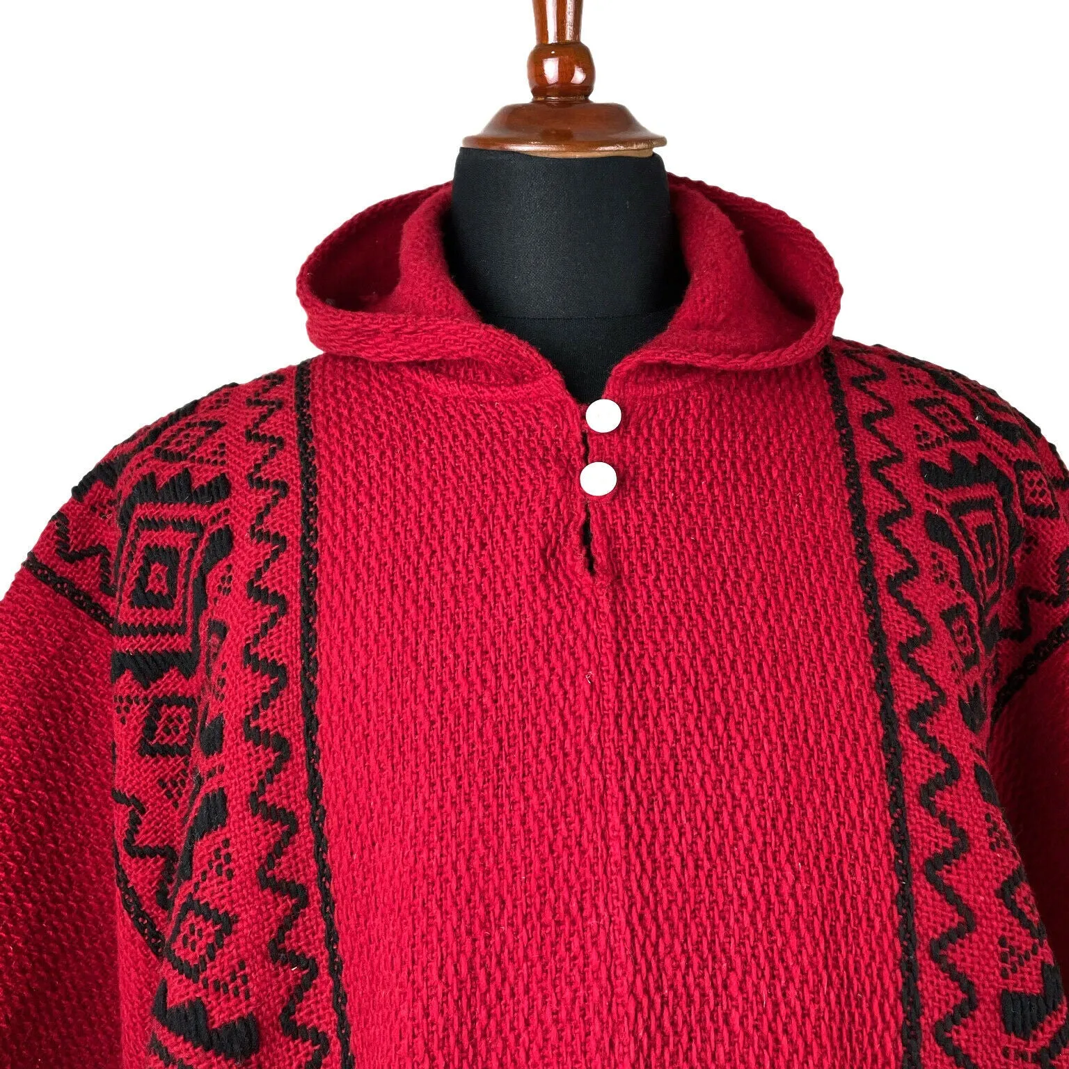 Llama Wool Unisex South American Handwoven Hooded Poncho - red with diamonds pattern