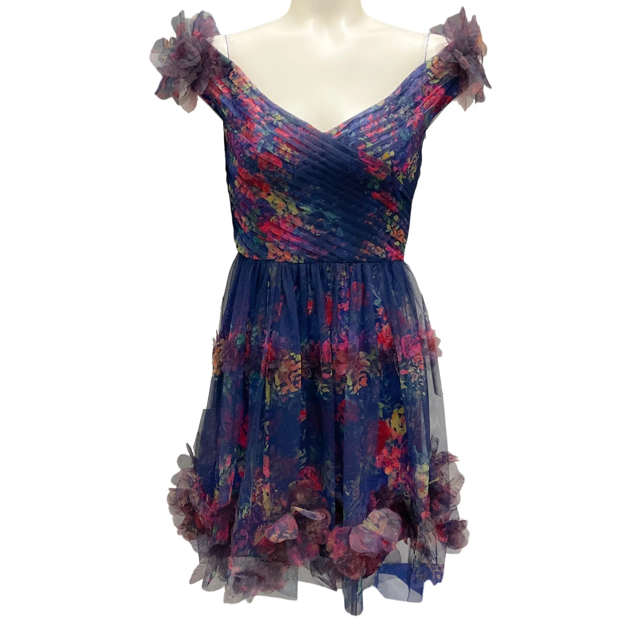 Marchesa Notte Navy Blue Multi Watercolor Garland Mini Dress