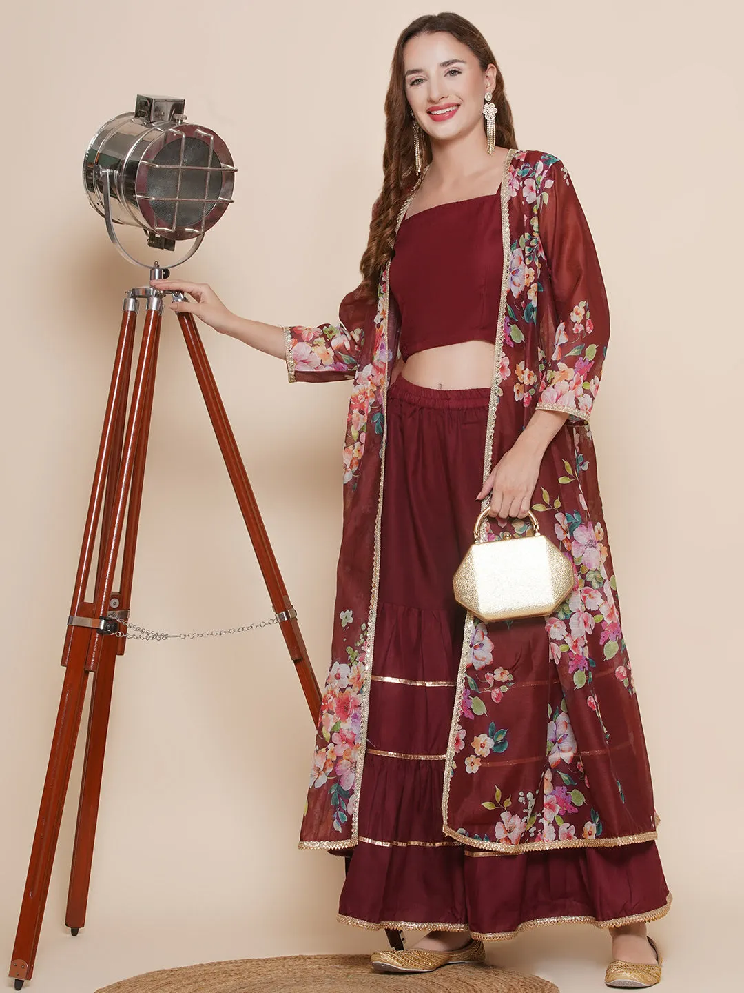 Maroon Floral printed Jacket, Camisole with Sharara