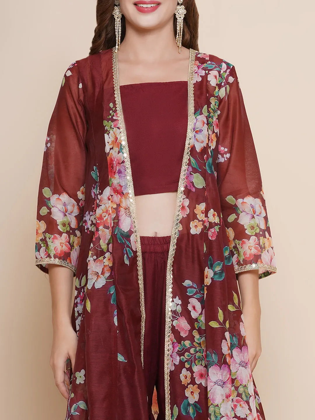 Maroon Floral printed Jacket, Camisole with Sharara