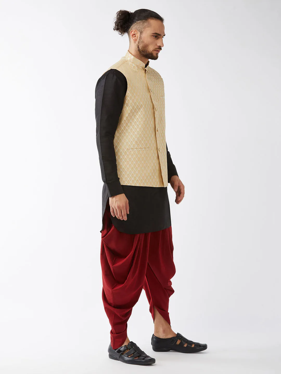 Men's Black, Cream And Maroon Silk Blend Jacket, Kurta And Dhoti Set - Vastramay