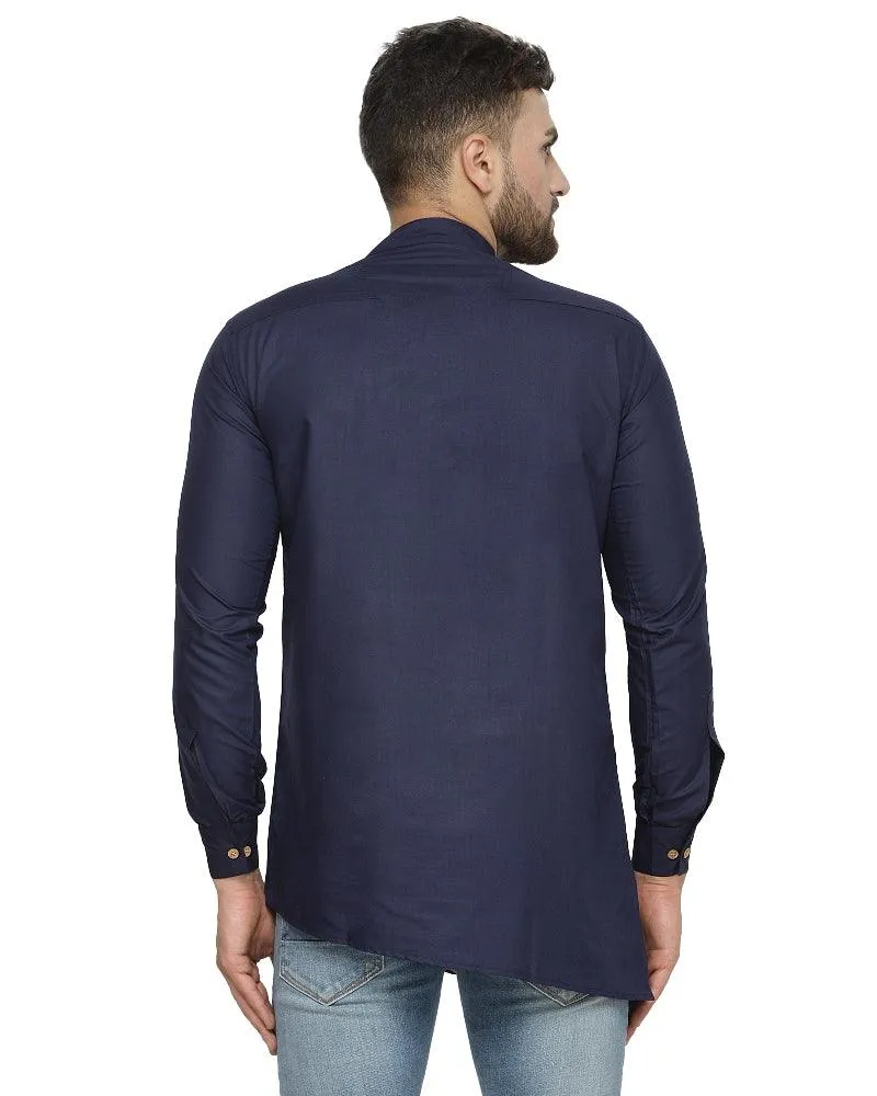 Men's Cotton Blend Navy Blue Asymmetric Short Kurta - Benstoke