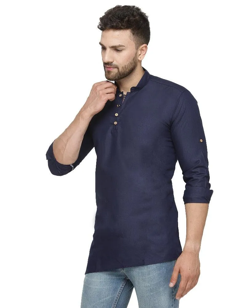 Men's Cotton Blend Navy Blue Asymmetric Short Kurta - Benstoke